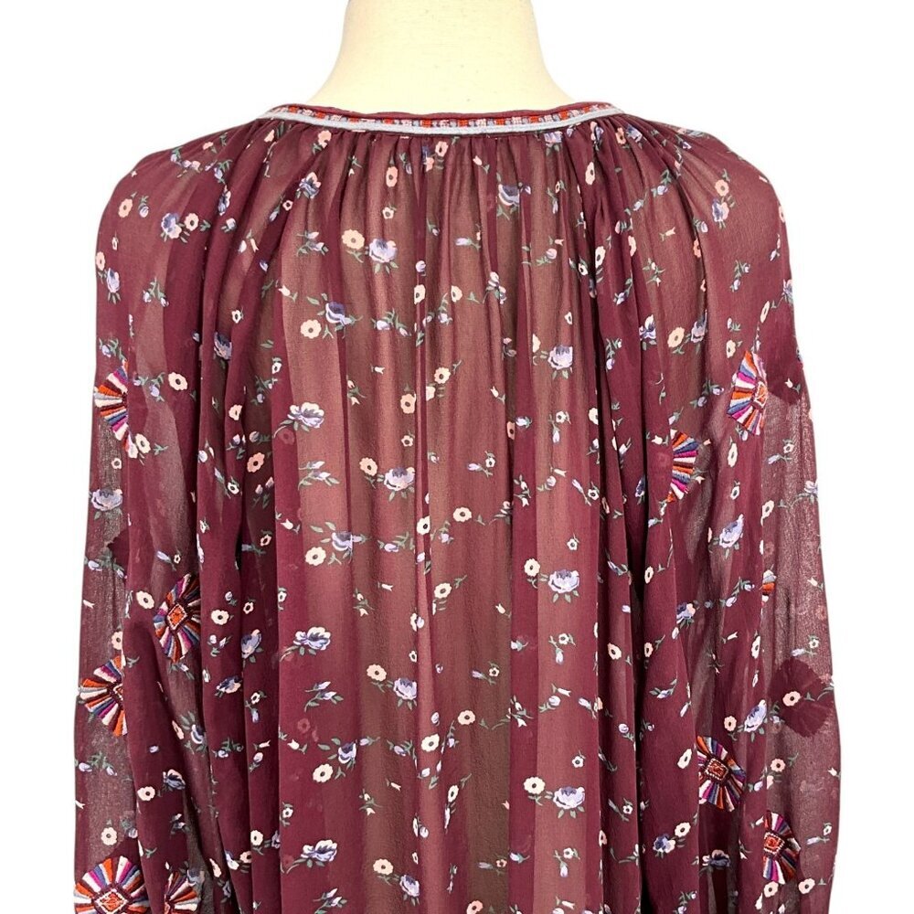 Ulla Johnson Lida Blouse Top Maroon Floral Silk Chiffon V-Neck Size 2 S Sheer - Picture 8 of 14